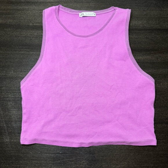 ZARA Purple Ribbed Bralette Crop Top L Racerback Mesh Trim - Picture 1 of 4